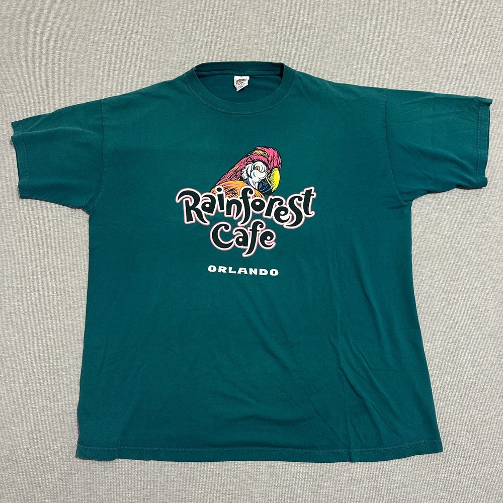 Vintage Rainforest Cafe Orlando Parrot Graphic T-Shirt Teal Green Mens Size XXL